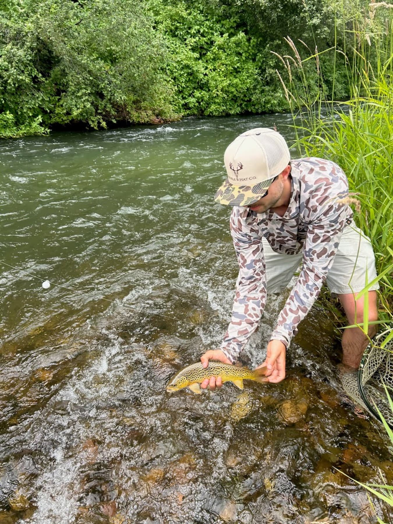 Angler releasing a brown trout back into the river